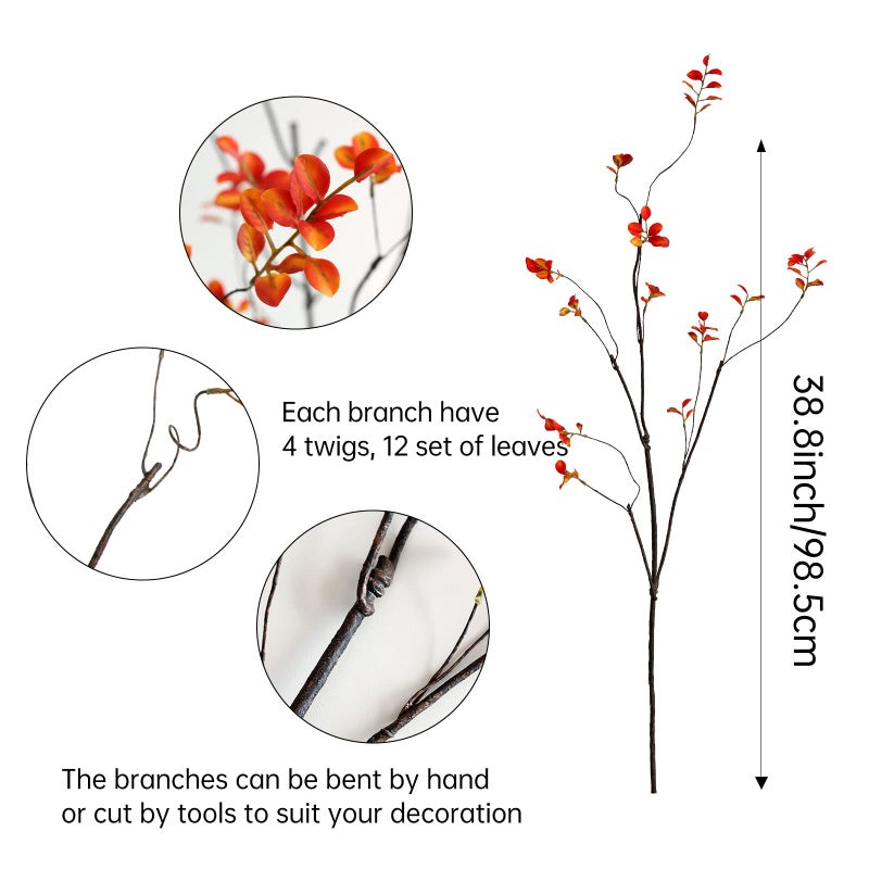 grtefhu 3Pcs 38.8"" Faux Fall Plant Stems and Branches for Vase Artificial Tree Branches and Twigs for Decoration (Orange Leaves & Brown Stem) - Image 2