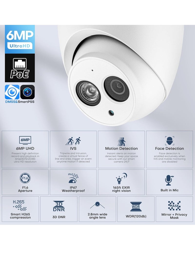 Generic 6MP PoE IP Camera, 2.8mm Wide Angle, 164ft IR Night Vision, IVS Detection, Outdoor Turret Camera with Mic, Metal IP67 Weatherproof, H.265, WDR, 3D DNR, DMSS/SmartPss Lite  - Image 2