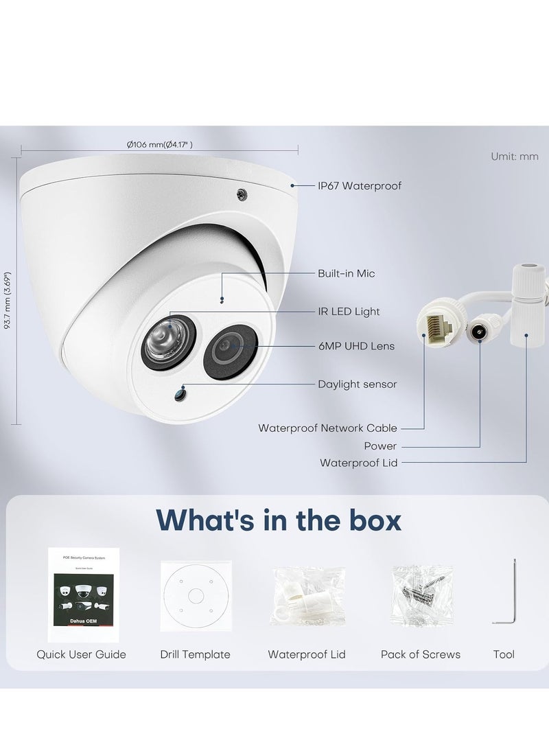 6MP PoE IP Camera, 2.8mm Wide Angle, 164ft IR Night Vision, IVS Detection, Outdoor Turret Camera with Mic, Metal IP67 Weatherproof, H.265, WDR, 3D DNR, DMSS/SmartPss Lite