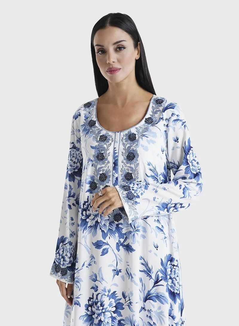 KASHKHA Blue Floral Printed Rayon Stone Work Jalabiya (VSG211)