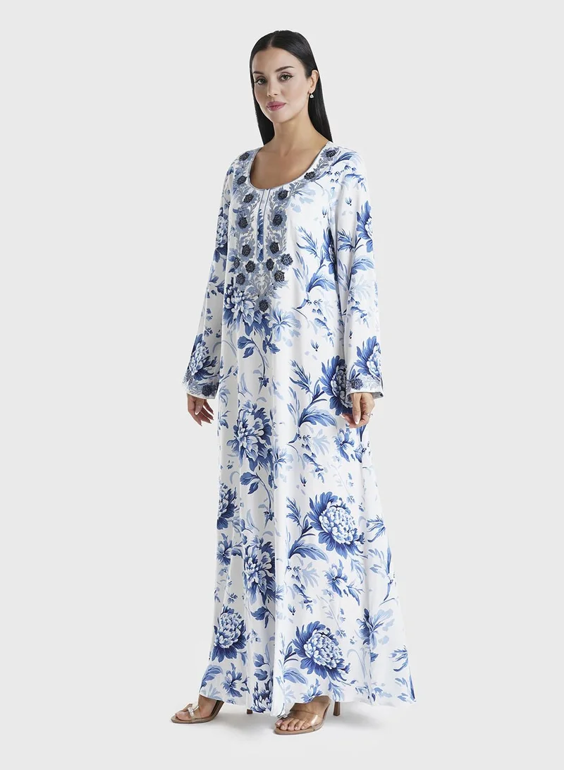 KASHKHA Blue Floral Printed Rayon Stone Work Jalabiya (VSG211)