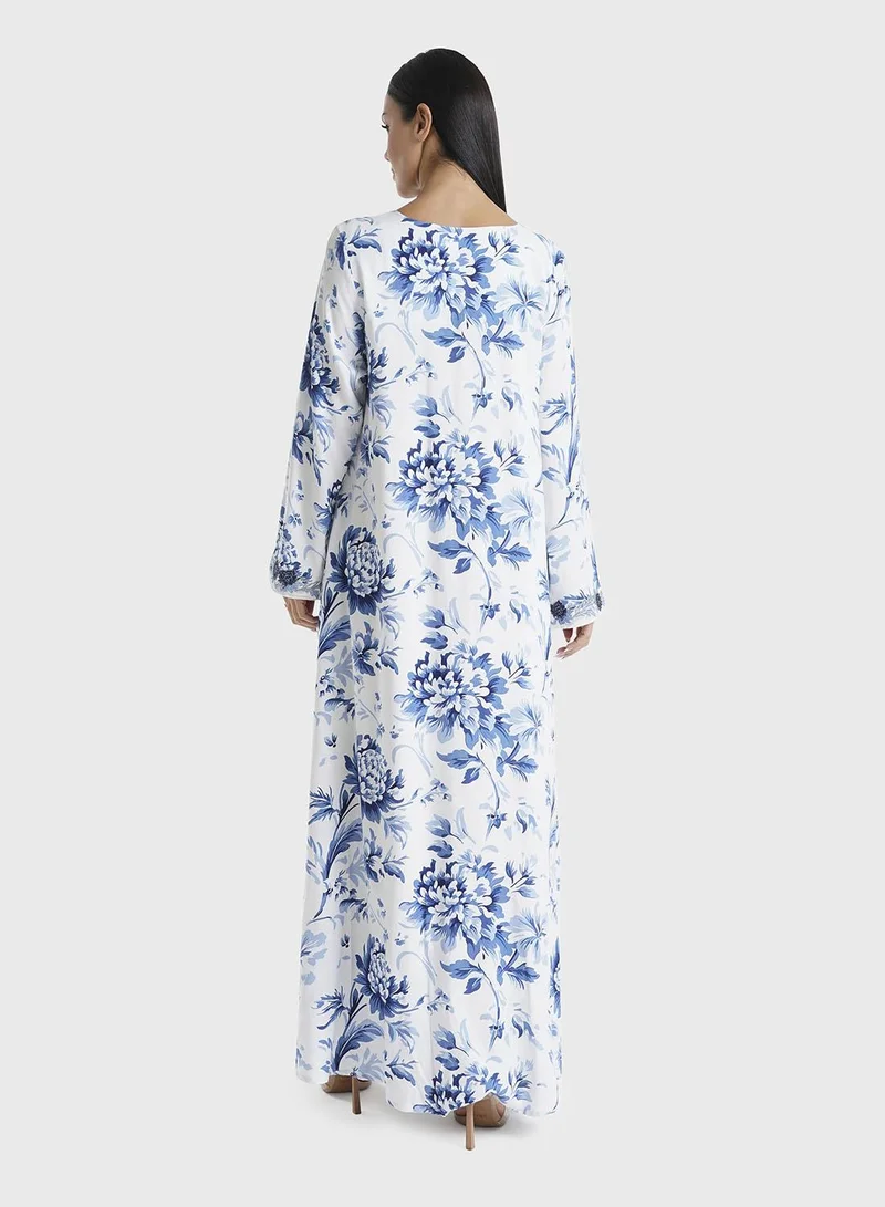 KASHKHA Blue Floral Printed Rayon Stone Work Jalabiya (VSG211)
