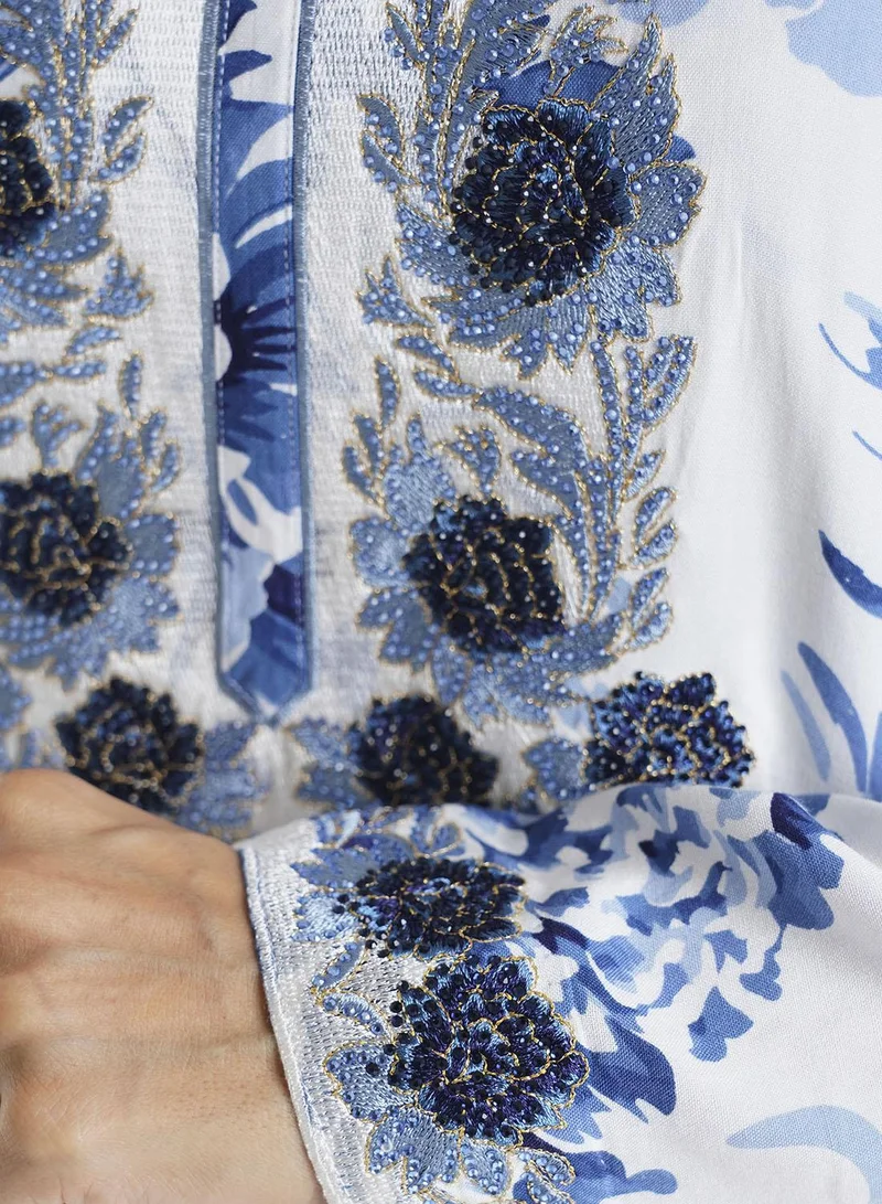 KASHKHA Blue Floral Printed Rayon Stone Work Jalabiya (VSG211)