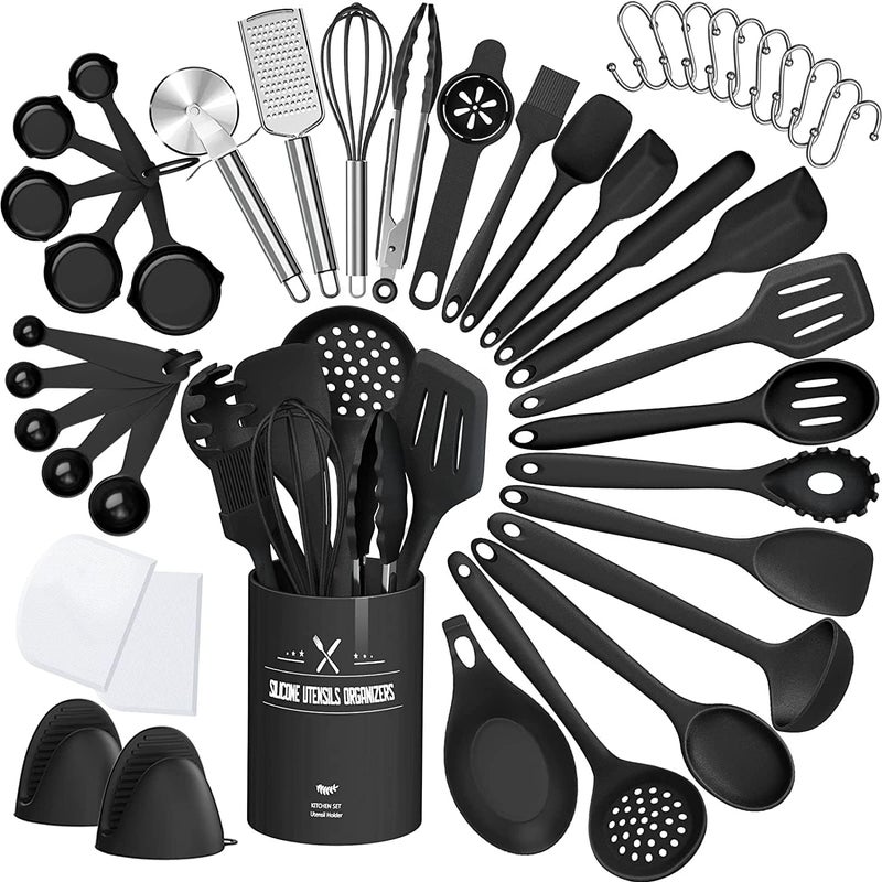 43 Pcs AIKKIL Kitchen Utensils Set Heat Resistant Silicone Cooking Kitchen Utensils Set with Holder Spoon Spatula Kitchen Gadgets Tools Set For Nonstick Cookware DishwasherBPA Free Black