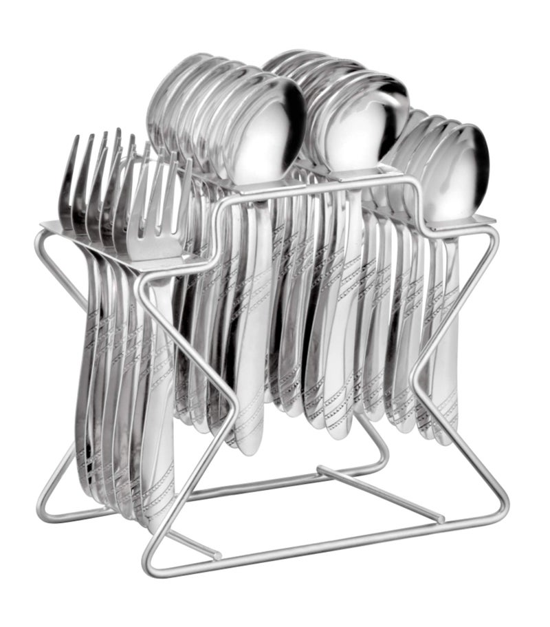 Parage Miracle Stainless Steel Cutlery Set of 25, Contains, Dinner Spoons Set of 6, Tea Spoon Set of 6, 6 Fork, 6 Soup Spoons, 1 Stylish Stand, Elegant Cutlery Set for Dining Table, Mirror Polished - Image 1