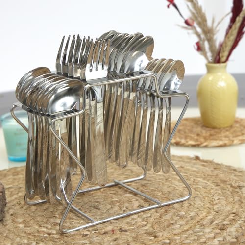 Parage Miracle Stainless Steel Cutlery Set of 25, Contains, Dinner Spoons Set of 6, Tea Spoon Set of 6, 6 Fork, 6 Soup Spoons, 1 Stylish Stand, Elegant Cutlery Set for Dining Table, Mirror Polished - Image 2