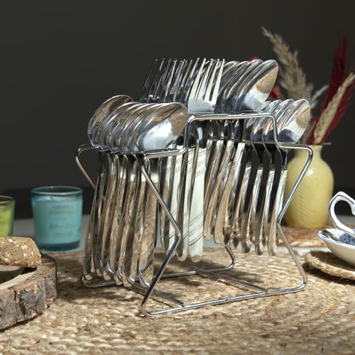 Parage Miracle Stainless Steel Cutlery Set of 25, Contains, Dinner Spoons Set of 6, Tea Spoon Set of 6, 6 Fork, 6 Soup Spoons, 1 Stylish Stand, Elegant Cutlery Set for Dining Table, Mirror Polished - Image 3
