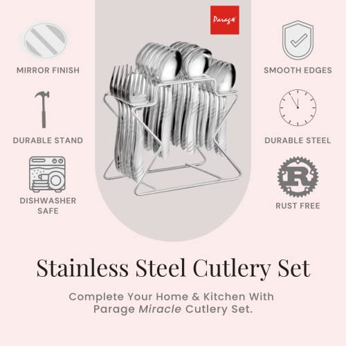 Parage Miracle Stainless Steel Cutlery Set of 25, Contains, Dinner Spoons Set of 6, Tea Spoon Set of 6, 6 Fork, 6 Soup Spoons, 1 Stylish Stand, Elegant Cutlery Set for Dining Table, Mirror Polished - Image 5