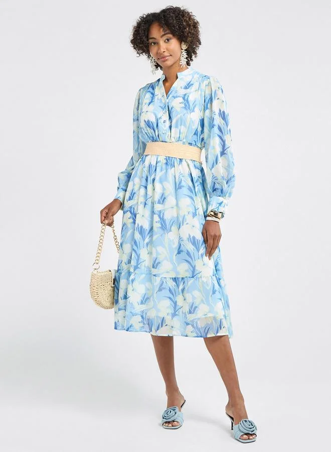 سبلاش فيڤ فستان قميص ميدي بطبعات أزهار وأكمام طويلة وتفاصيل بكسرات