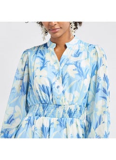 FAV All-Over Floral Print Midi Shirt Dress with Shirred Detail and Long Sleeves  - Image 4