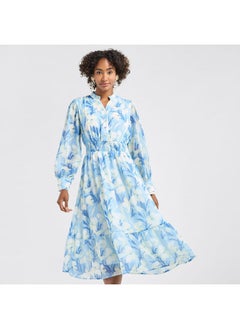 FAV All-Over Floral Print Midi Shirt Dress with Shirred Detail and Long Sleeves  - Image 1