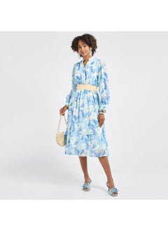 FAV All-Over Floral Print Midi Shirt Dress with Shirred Detail and Long Sleeves  - Image 2