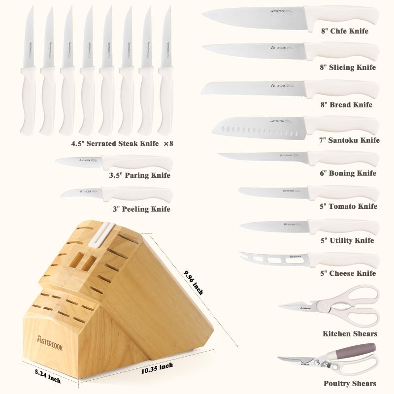 Astercook Knife Set, Astercook 22-Piece Kitchen Knife Set with Block & Built-in Sharpener, Ultra-Sharp High Carbon Stainless Steel Knives, Dishwasher Safe, Ergonomic Anti-slip Handle, Valentine's Gift - Image 3