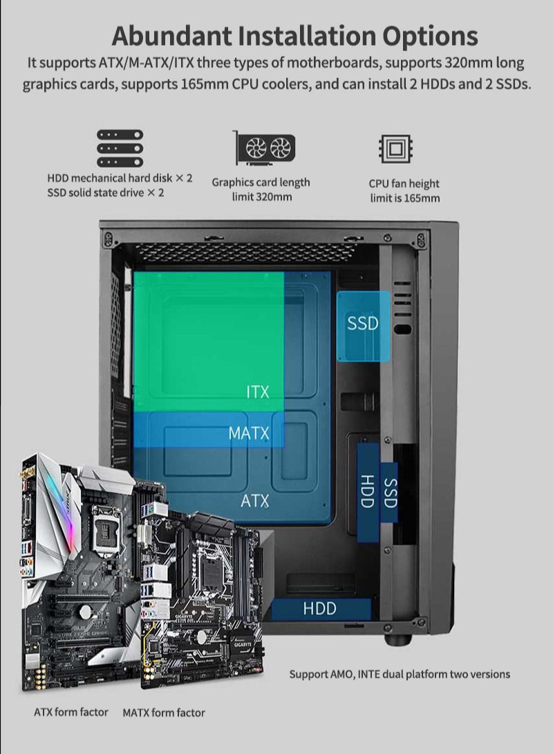 RUIX LED Light Tempered Glass Mid Tower Computer Case Pre-Install 4 ARGB Fans Gaming Case with USB3.0 x1, USB2.0 x2, Black - Image 4