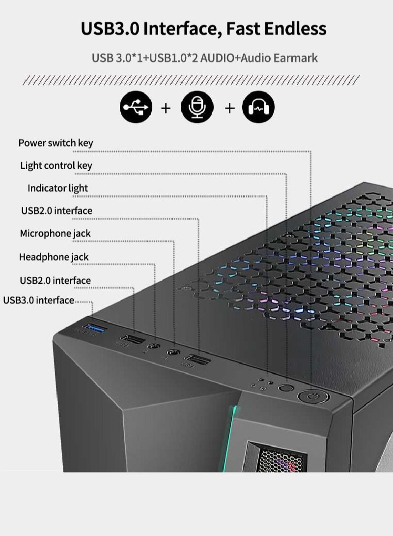 RUIX LED Light Tempered Glass Mid Tower Computer Case Pre-Install 4 ARGB Fans Gaming Case with USB3.0 x1, USB2.0 x2, Black - Image 5