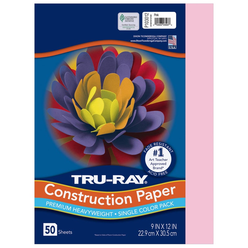 TRU-RAY PACON "Tru-Ray Heavyweight Construction Paper, Pink, 9"" x 12"", 50 Sheets" - Image 1