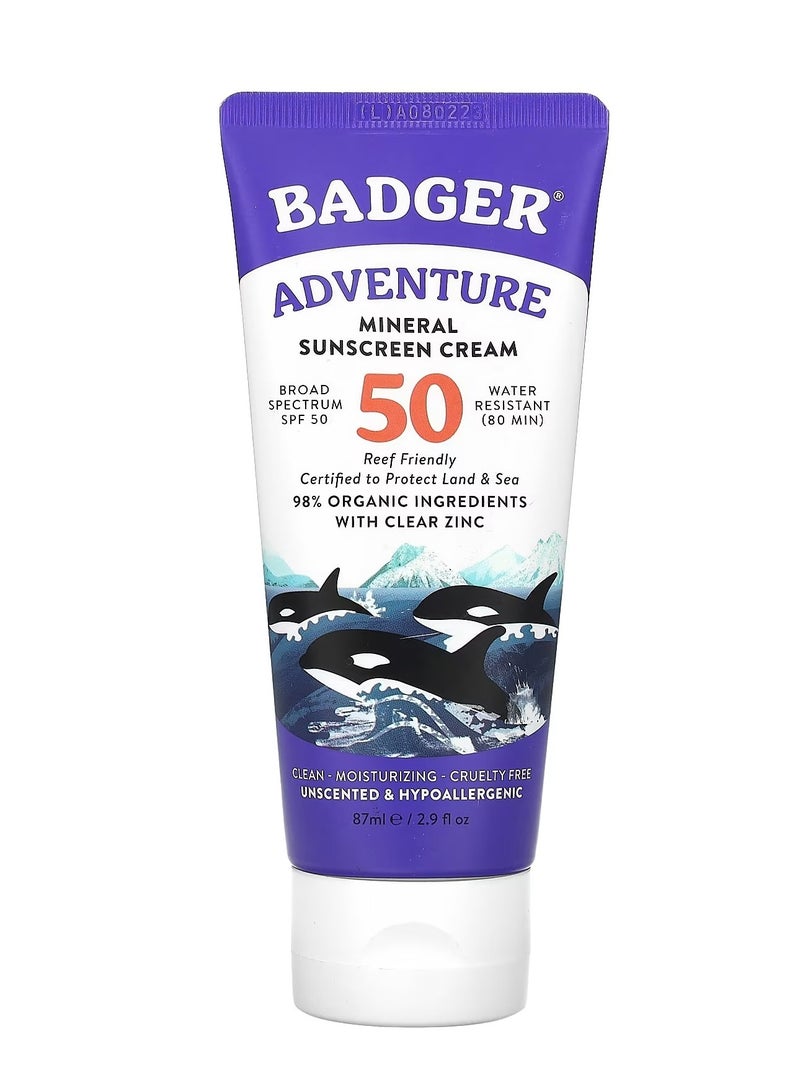 Badger Adventure Mineral Sunscreen Cream SPF 50 Unscented 2.9 fl oz (87 ml) - Image 1