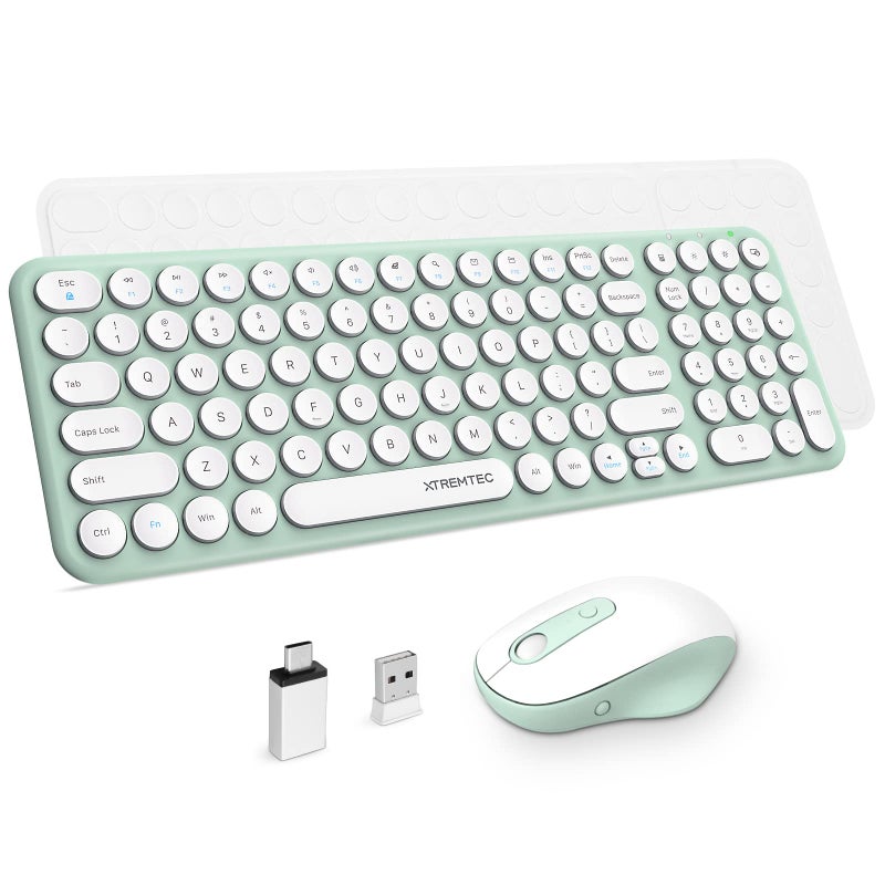 XTREMTEC Wireless Keyboard and Mouse, XTREMTEC Compact Full Size Cute Keyboard Retro Round Keycap - 2.4GHz Ultra-Slim Quiet Aesthetic Keyboard for Laptop iMac Windows Computer (Macaron Green A) - Image 1
