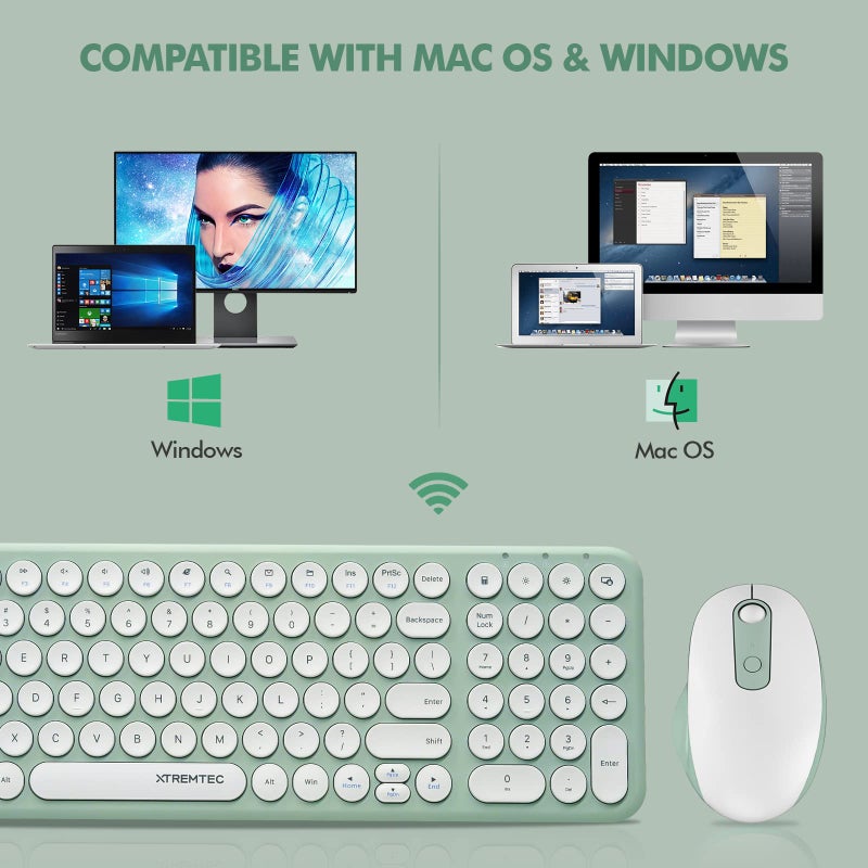 XTREMTEC Wireless Keyboard and Mouse, XTREMTEC Compact Full Size Cute Keyboard Retro Round Keycap - 2.4GHz Ultra-Slim Quiet Aesthetic Keyboard for Laptop iMac Windows Computer (Macaron Green A) - Image 5
