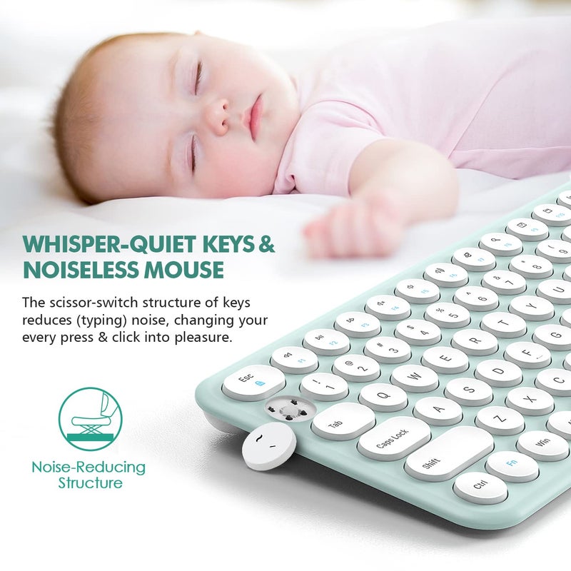 XTREMTEC Wireless Keyboard and Mouse, XTREMTEC Compact Full Size Cute Keyboard Retro Round Keycap - 2.4GHz Ultra-Slim Quiet Aesthetic Keyboard for Laptop iMac Windows Computer (Macaron Green A) - Image 3