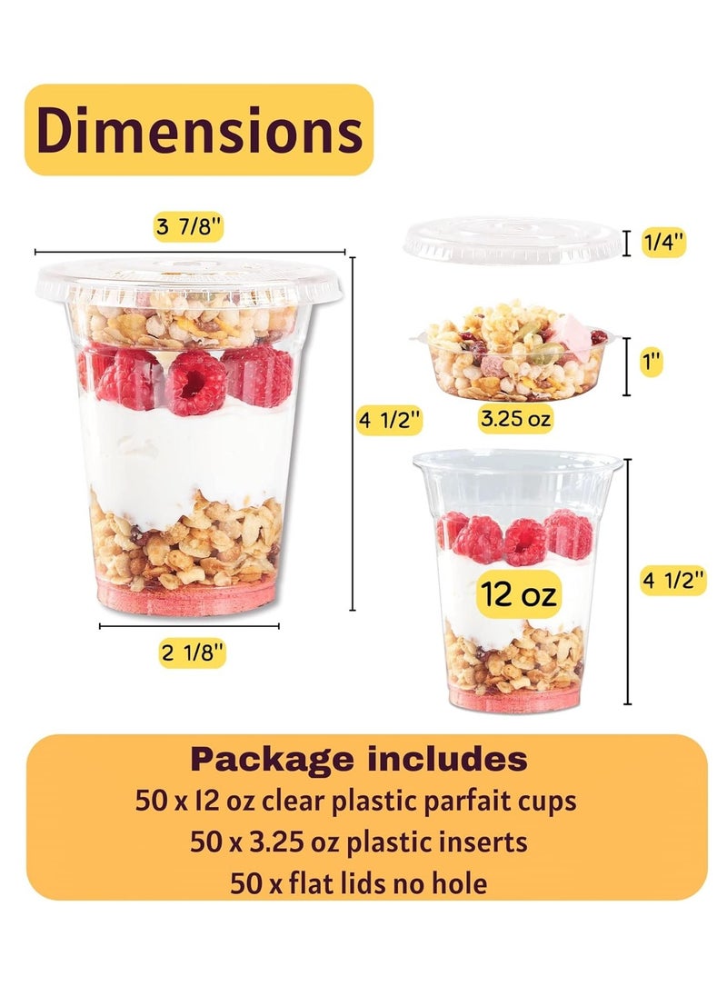 SYOSI - 100 Sets of 12 Oz Clear Plastic Parfait Cups with Lids & Inserts - Leak Proof, Reusable & Disposable Dessert Cups - Ideal for Yogurt, Cereal, Dips, Fruits, and Snacks - Image 1
