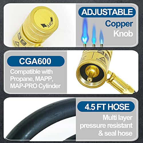 GorFanty Propane Torch Head with 4.7Ft Hose, MAP Mapp Gas Torch kit Turbo Torch Self Igniter Trigger Start Adjustable Flame Valve Brass Tip CGA600 Interface for Soldering Brazing Plumbing Welding BBQ Lighting. - Image 4