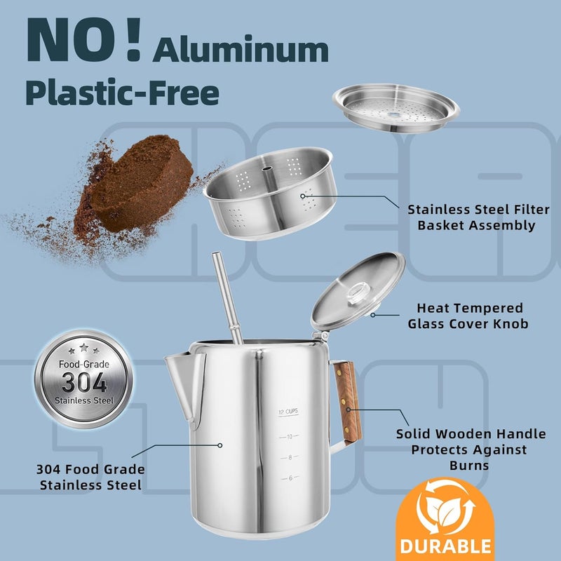 MEREZA Camping Percolator Coffee Pot 12 Cup Stove Top Coffee Percolator Non Electric Coffee Maker Camping Stainless Steel Coffee Pot Outdoors Home No Aluminum & Plastic Fast Brew - Image 2