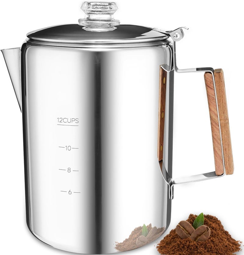 MEREZA Camping Percolator Coffee Pot 12 Cup Stove Top Coffee Percolator Non Electric Coffee Maker Camping Stainless Steel Coffee Pot Outdoors Home No Aluminum & Plastic Fast Brew - Image 1