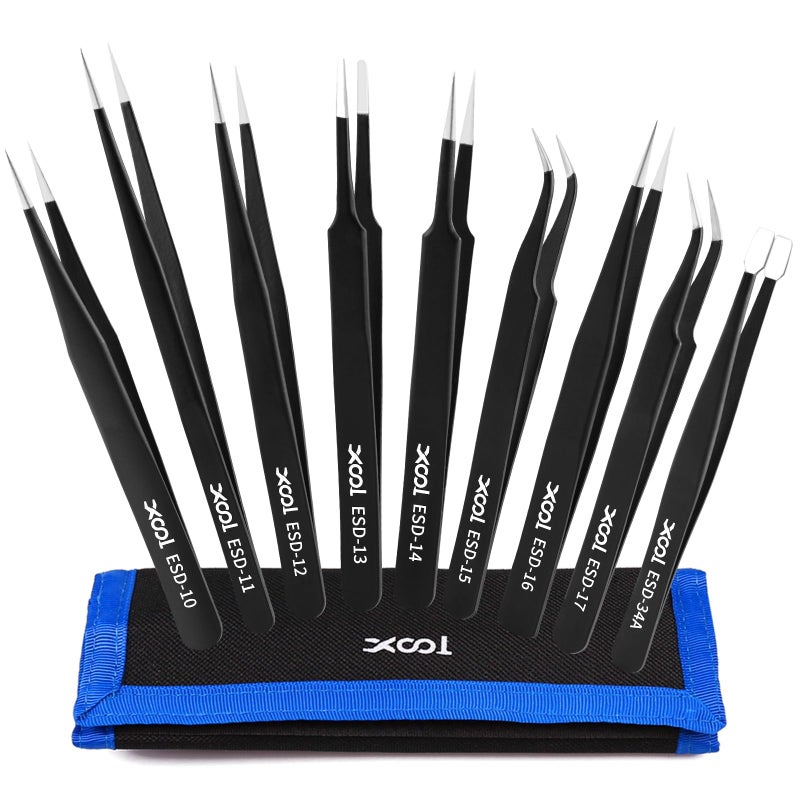 Precision Tweezers Set XOOL 9 PCS ESD Tweezers Set AntiStatic Stainless Steel Tweezers Kit Multistandard Stainless Steel Tweezers for Lab Electronics Jewelry and Detailed Work