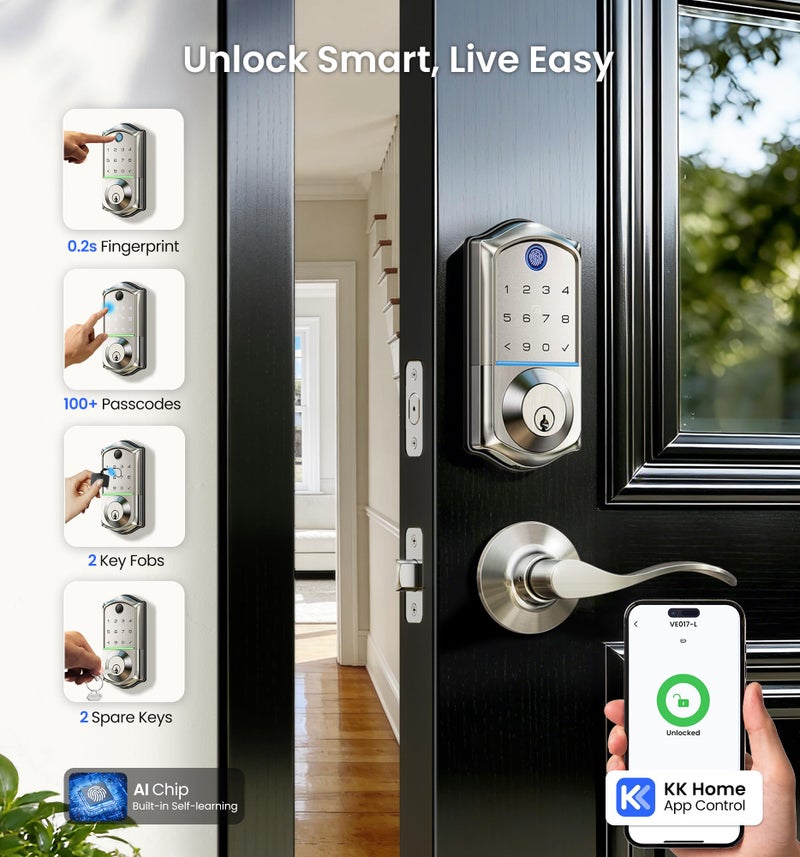 Veise VE017-L Fingerprint Smart Lock with Lever Handles, App Control, Keyless Entry Front Door Lock Set, Electronic Digital Keypad Deadbolt, Remote Grant, Emergency Power Port, Auto Lock, Satin Nickel - Image 2
