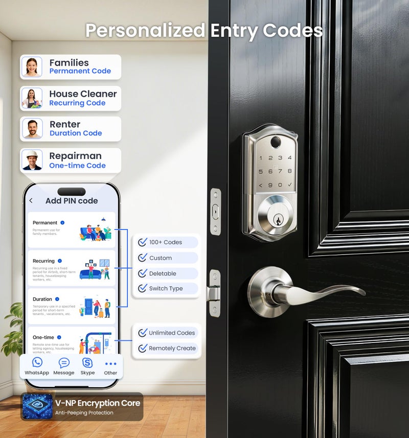 Veise VE017-L Fingerprint Smart Lock with Lever Handles, App Control, Keyless Entry Front Door Lock Set, Electronic Digital Keypad Deadbolt, Remote Grant, Emergency Power Port, Auto Lock, Satin Nickel - Image 3