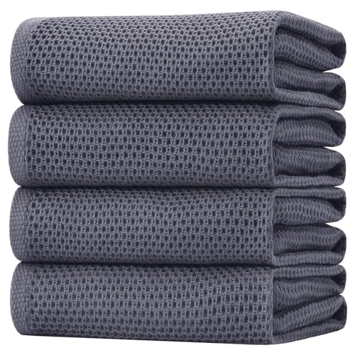 Homaxy 100 Cotton Oversized Waffle Weave Kitchen Dish Towels Ultra Soft Absorbent Quick Drying Cleaning Towel 20 x 28 Inches 4Pack Dark Grey - Image 1
