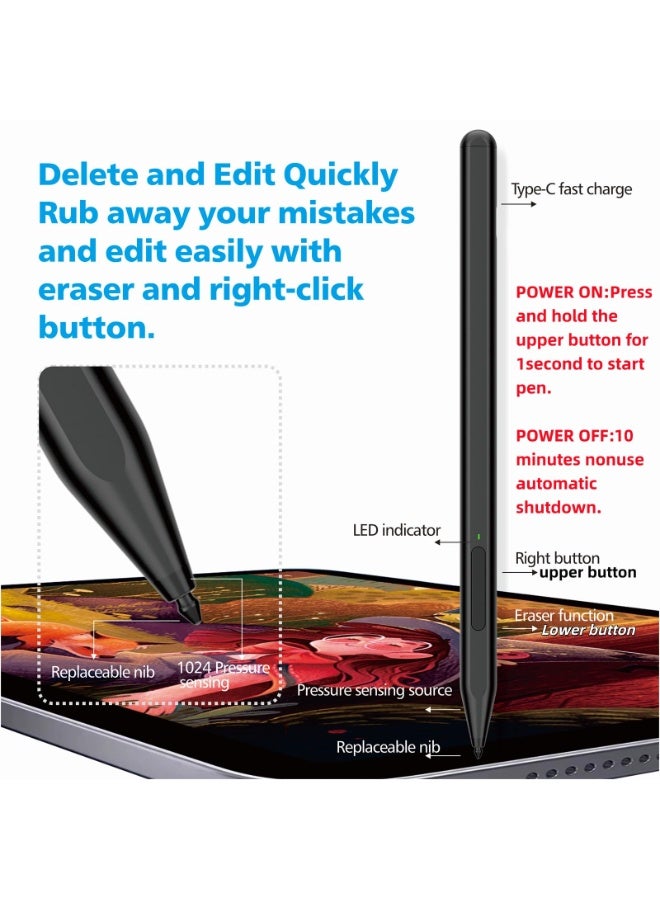Stylus Pen Compatible with Microsoft Surface Pro 11, 10, 9, 8, X, 7+, 6, 5, 4, Surface Go 4, 3, 2, 1, Laptop 1-5, Studio 2, Book 3, 2, 1, 1024 Pressure Levels, Palm Rejection, Tilt, Eraser Side Button - Image 3