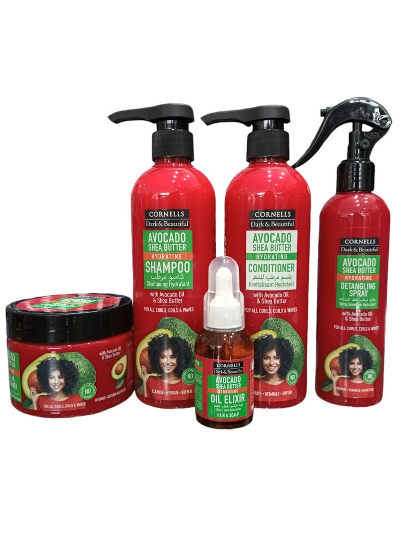 شامبو480 مل وبلسم 480 مل بخاخ مرطب لفك التشابك 250 مل وبلسم مرطب يترك على الشعر 325 مل وزيت 60 مل مرطب للشعر بالافوكادو وزبدة الشيا خالي من البارابين والكبريتات والسيليكون
