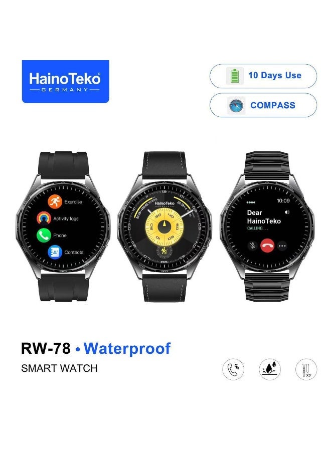 Haino Teko HainoTeko RW-78 Waterproof Smart Watch With AMOLED Display Bluetooth Calling 10 Days Battery Backup 3 Pair Straps and Charging Cable Designed for Ladies and Gents Black