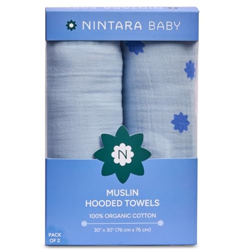 NINTARABABY Hooded Towel - 100% Organic Premium Muslin Cotton, 30" x 30" (76 cm x 76 cm), Ultra-Absorbent, Soft, Breathable, Hypoallergenic, Multipurpose, Gifts for Babies & Infants, Pack of 2 - Image 1
