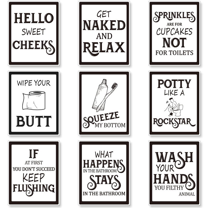 Zonon 9 Pieces Bathroom Wall Decor, Funny Vintage Bathroom Signs Washroom Quotes Sayings Art Prints Washroom Posters for Wall Restroom Toilet Decoration Pictures, Unframed(Black Font) - Image 1