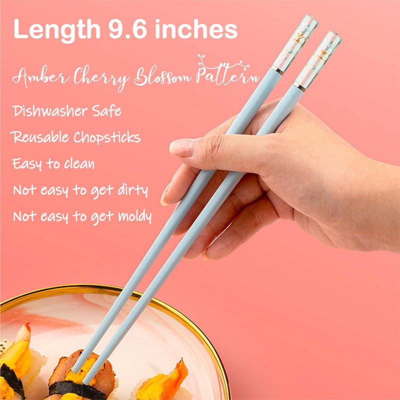 HELERKOL 5 Pairs Fiberglass Chopsticks - Amber Cherry Blossom Pattern, Multicolor - Japanese & Korean Chopsticks - Reusable, Dishwasher Safe - Yellow, Pink, Blue, Green, Purple - Image 5