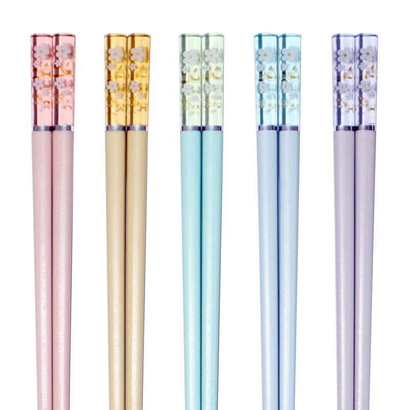 HELERKOL 5 Pairs Fiberglass Chopsticks - Amber Cherry Blossom Pattern, Multicolor - Japanese & Korean Chopsticks - Reusable, Dishwasher Safe - Yellow, Pink, Blue, Green, Purple - Image 1