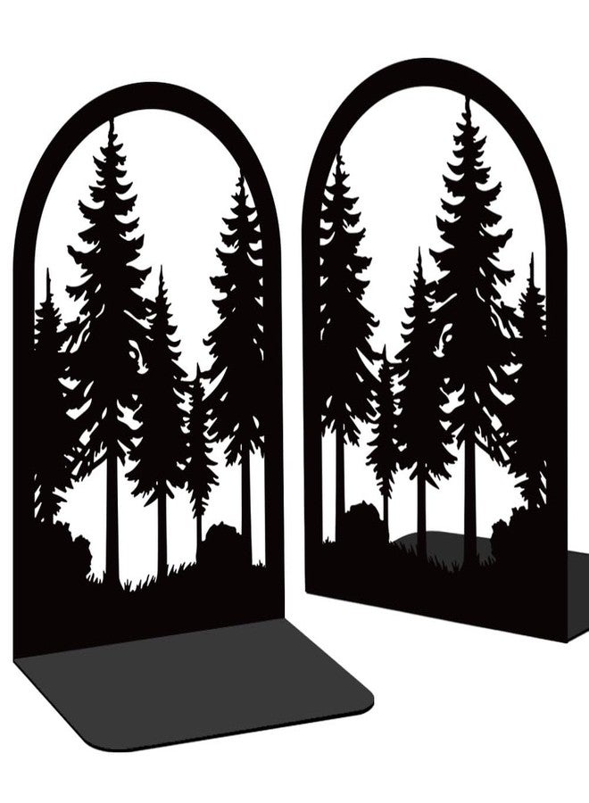 BEUNITONE Forest Book Shelf Decorative Bookends for Shelves, Book Ends for Heavy Books, Black Pine Tree Metal Bookends for Desk Organizer, Office Library Decor Decorative Books for Home Decor - Image 1