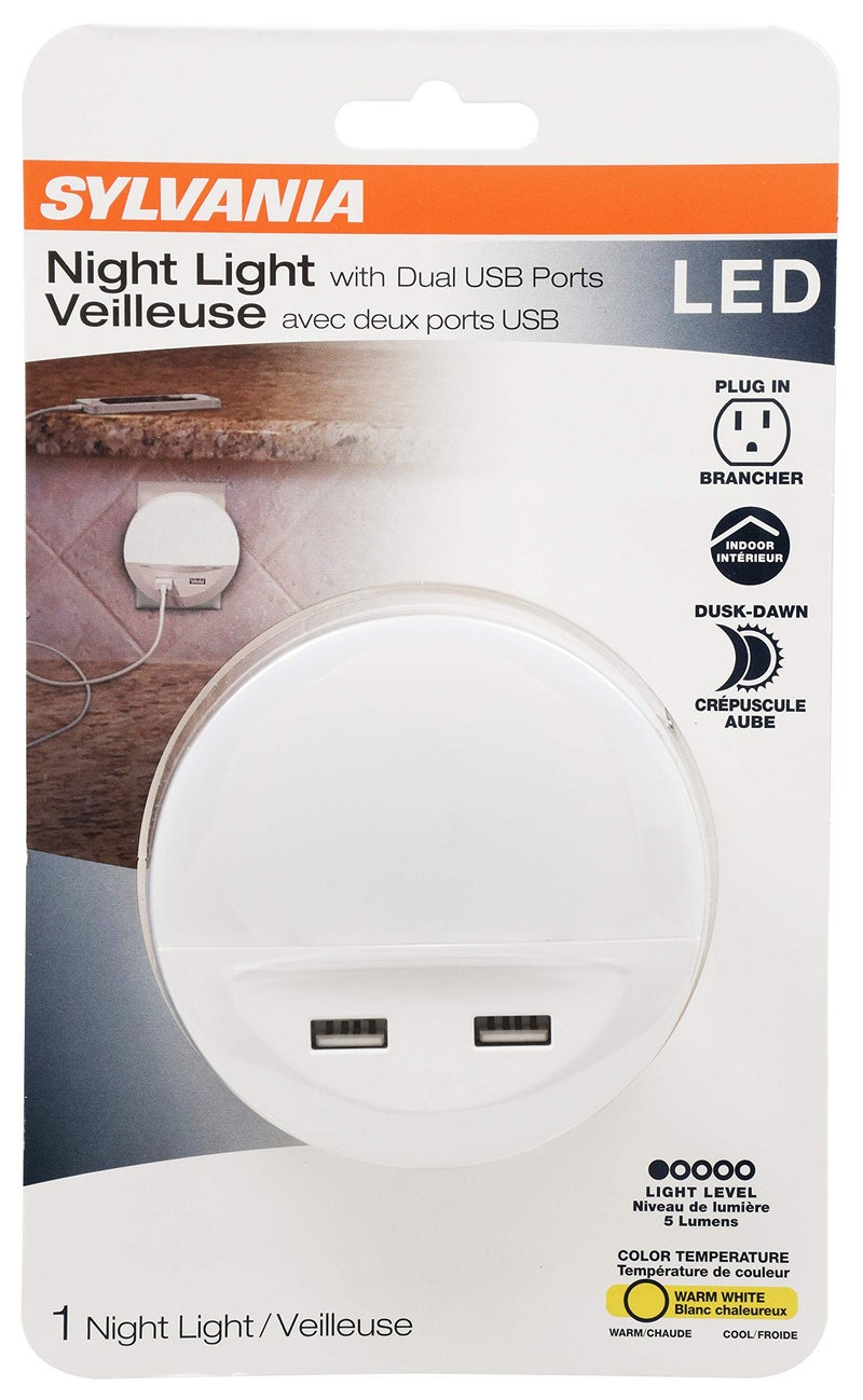 LEDVANCE Sylvania LED Night Light with Dual USB Ports, 22 Year, Dusk to Dawn, Frosted Finish, 3000K, Warm White - (Pack of 1)(65005) - Image 2