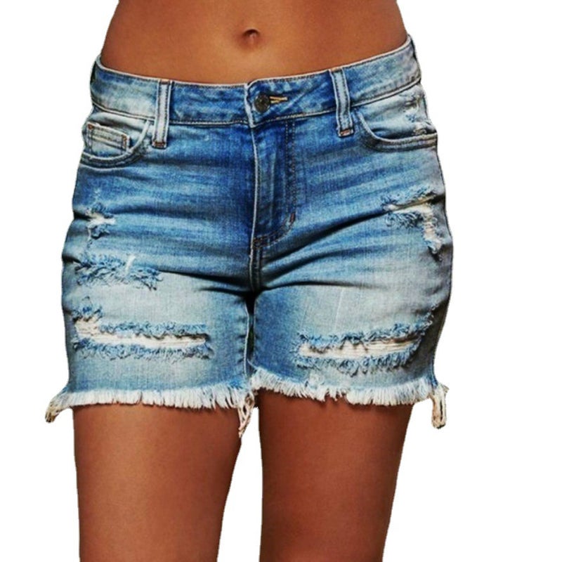 Hole Tassel Ladies High Elastic Denim Shorts eBay Wish Super Hot P002 Light blue S - Image 2