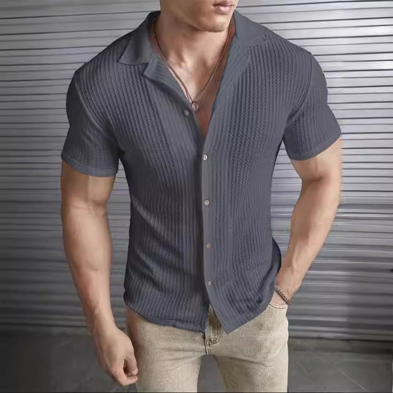 2024 Mens Fashion Waffle Knit Slim Fit Tee Black - Image 5