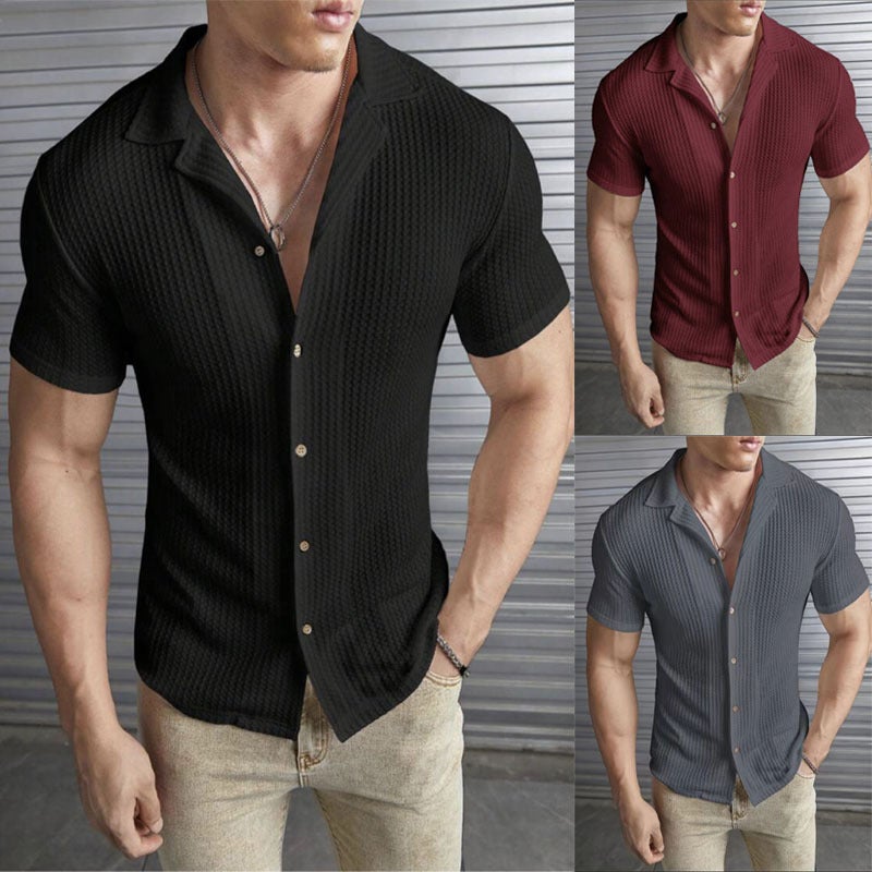 2024 Mens Fashion Waffle Knit Slim Fit Tee Black - Image 2