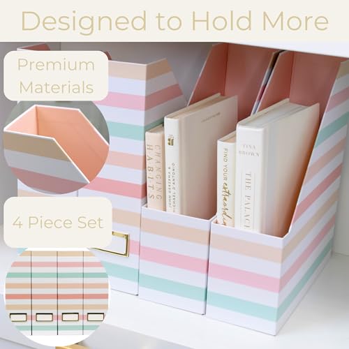 BLU MONACO Set of 4 Foldable Magazine Holders in Pastel Stripes | Cardboard Vertical File Organizer Boxes with Gold Label Holders | Stylish Paper Organizer for Desk, Office & Classroom - Image 5