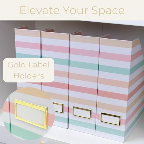 BLU MONACO Set of 4 Foldable Magazine Holders in Pastel Stripes | Cardboard Vertical File Organizer Boxes with Gold Label Holders | Stylish Paper Organizer for Desk, Office & Classroom - Image 4