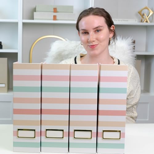 BLU MONACO Set of 4 Foldable Magazine Holders in Pastel Stripes | Cardboard Vertical File Organizer Boxes with Gold Label Holders | Stylish Paper Organizer for Desk, Office & Classroom - Image 3
