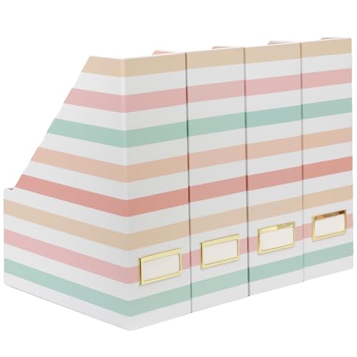 BLU MONACO Set of 4 Foldable Magazine Holders in Pastel Stripes | Cardboard Vertical File Organizer Boxes with Gold Label Holders | Stylish Paper Organizer for Desk, Office & Classroom - Image 1