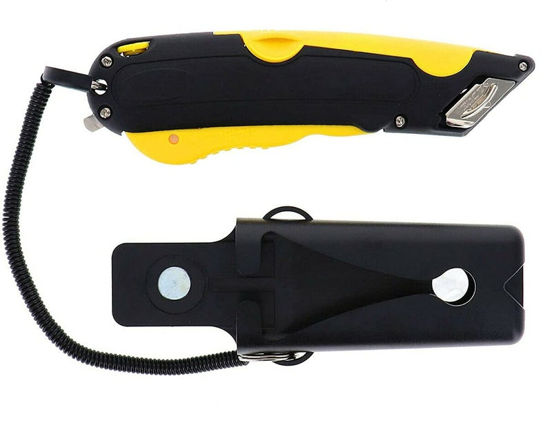 Veltec EZ-2000 Safety Box Cutter Utility Knife, Tape Splitter at Back, 3 Blade Depth Setting, Squeeze Trigger and Dual Side Edge Guide, 2 Blades (Yellow) - Image 1
