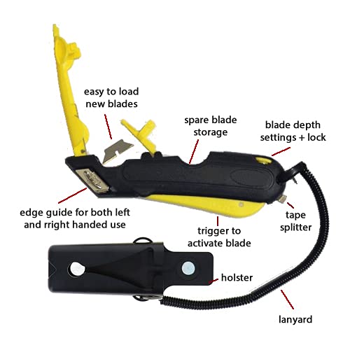 Veltec EZ-2000 Safety Box Cutter Utility Knife, Tape Splitter at Back, 3 Blade Depth Setting, Squeeze Trigger and Dual Side Edge Guide, 2 Blades (Yellow) - Image 2
